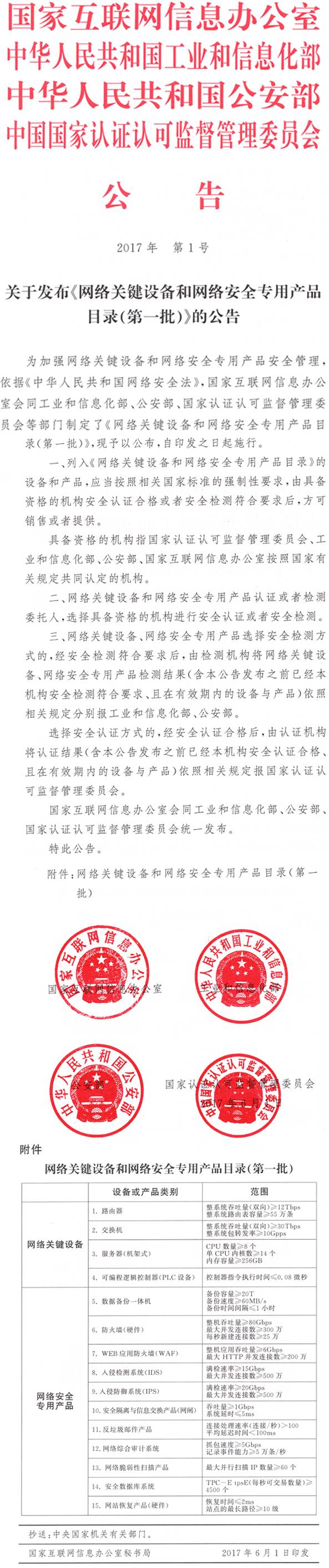 《網(wǎng)絡(luò)關(guān)鍵設(shè)備和網(wǎng)絡(luò)安全專用產(chǎn)品目錄（第一批）》（國家互聯(lián)網(wǎng)信息辦公室、工業(yè)和信息化部、公安部、國家認(rèn)證認(rèn)可監(jiān)督管理委員會(huì)公告2017年第1號）【全文廢止】